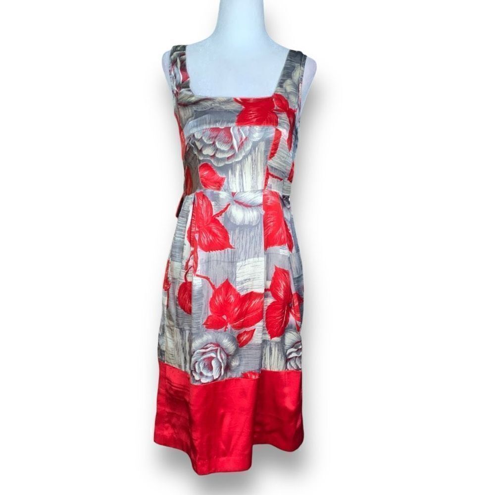 Yoana Baraschi Dress Red Floral Leaf Print Square Neck Sleeveless Knee Length